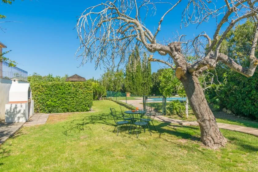Un patio ajardinado con asientos al aire libre, setos frondosos y una piscina al fondo.