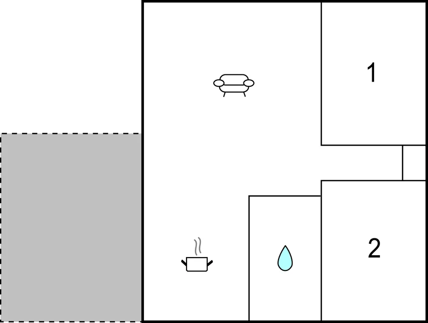 Un plano sencillo muestra asientos, dos habitaciones numeradas y un símbolo de gota de agua.