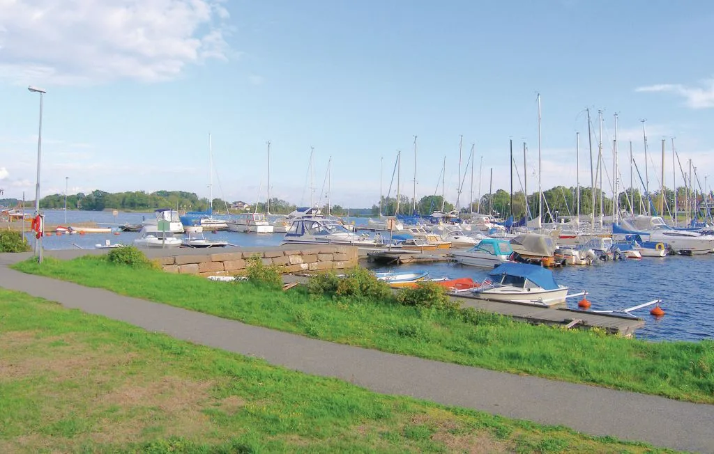 A marina filled with moored boats, viewed from a path along the grassy shore.