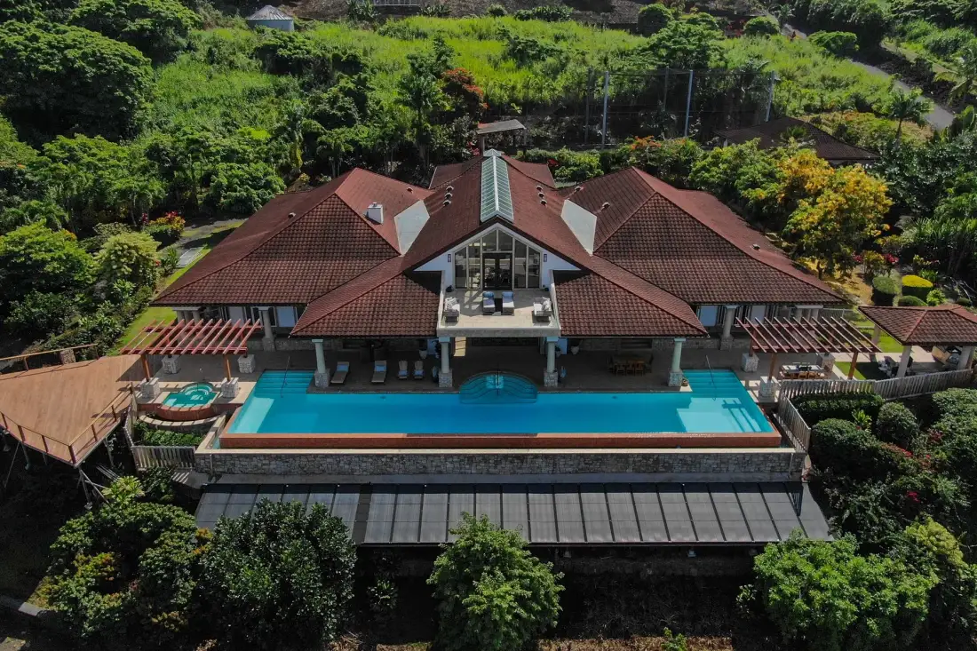 Vista aérea de una casa grande con piscina, rodeada de vegetación.