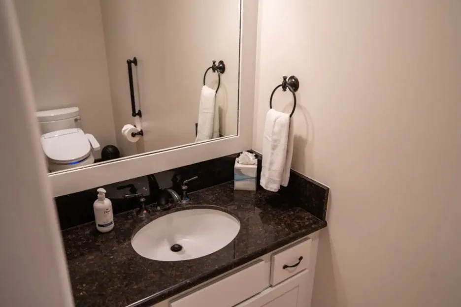 Un lavabo de baño con espejo y toallas.