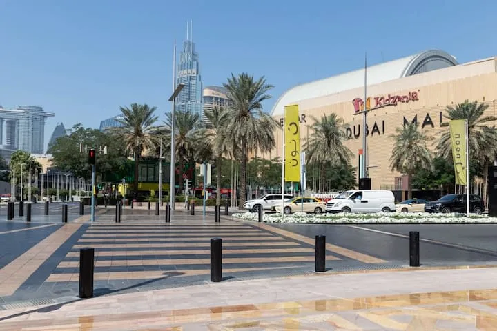 Una plaza pavimentada con palmeras y un gran centro comercial al fondo.