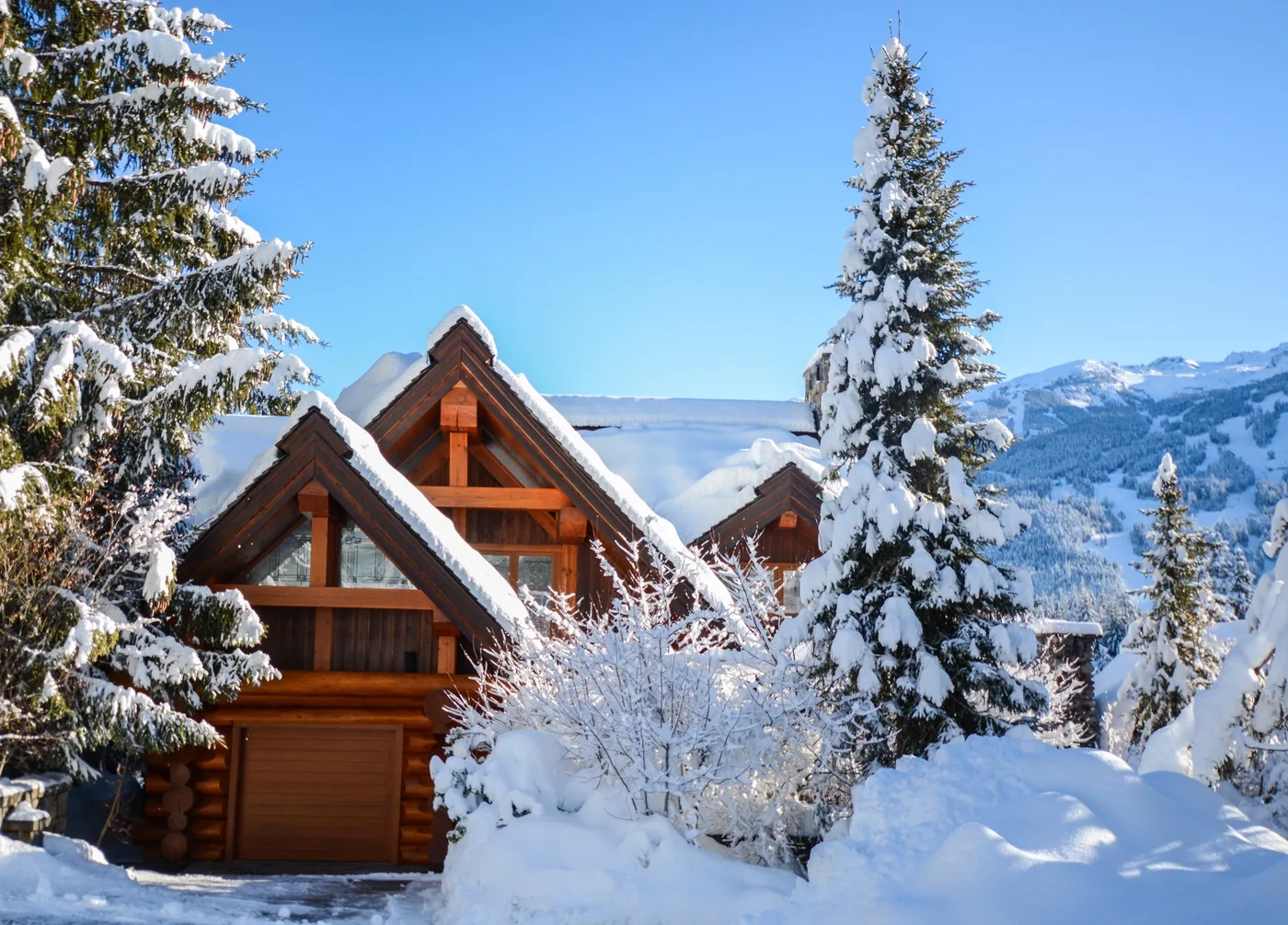 A wooden chalet sits among snow-covered trees with mountain peaks in the background.