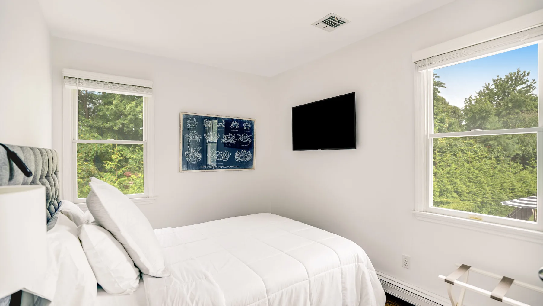 A bright bedroom with a neatly made bed, wall-mounted television, and two windows.