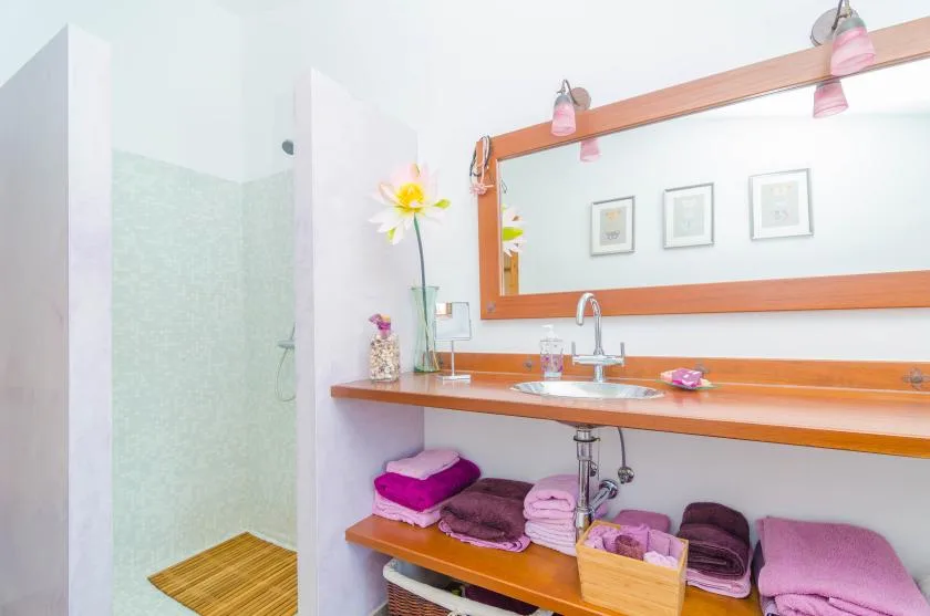 A bathroom vanity with a wide mirror and an open shower area.