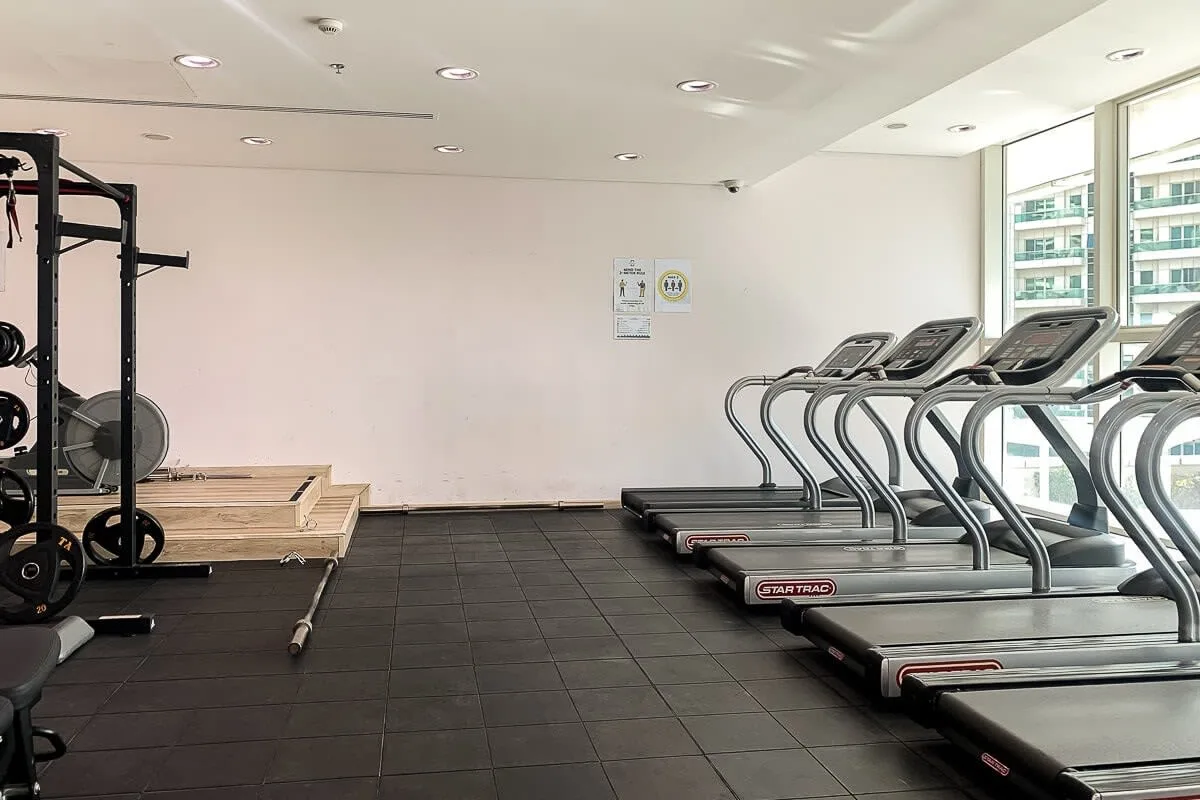 Un gimnasio con cintas de correr junto a grandes ventanales y equipo de ejercicio.