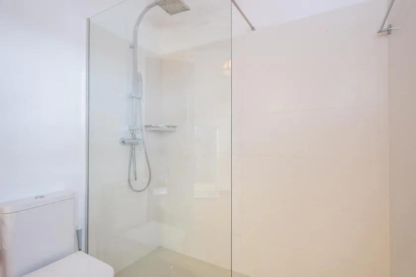 A bright bathroom with a glass-enclosed shower and a toilet.