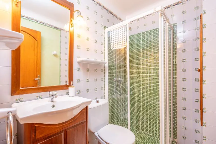 A bathroom with a sink, toilet, and tiled shower.