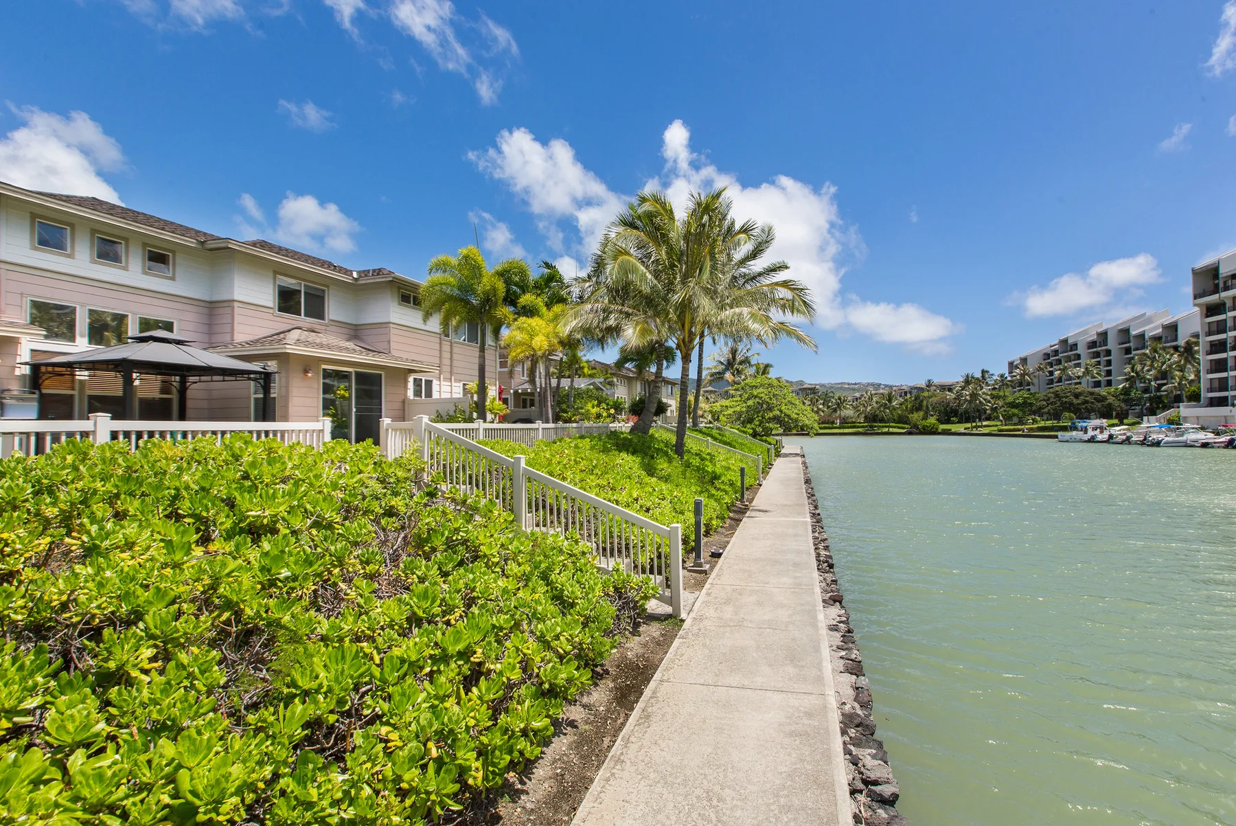 A waterfront walkway runs beside landscaped greenery and palm trees.