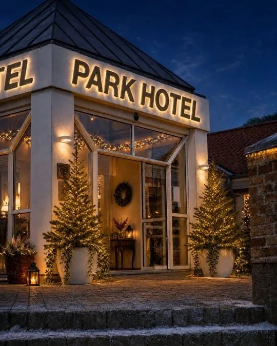 La entrada del hotel decorada con árboles de Navidad y luces.