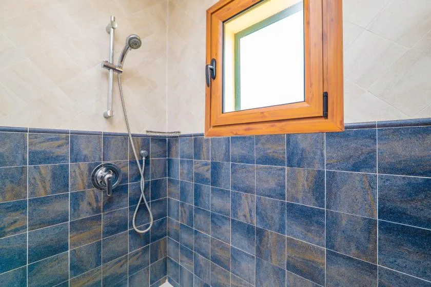 A tiled shower area with a handheld showerhead and a wood-framed window.