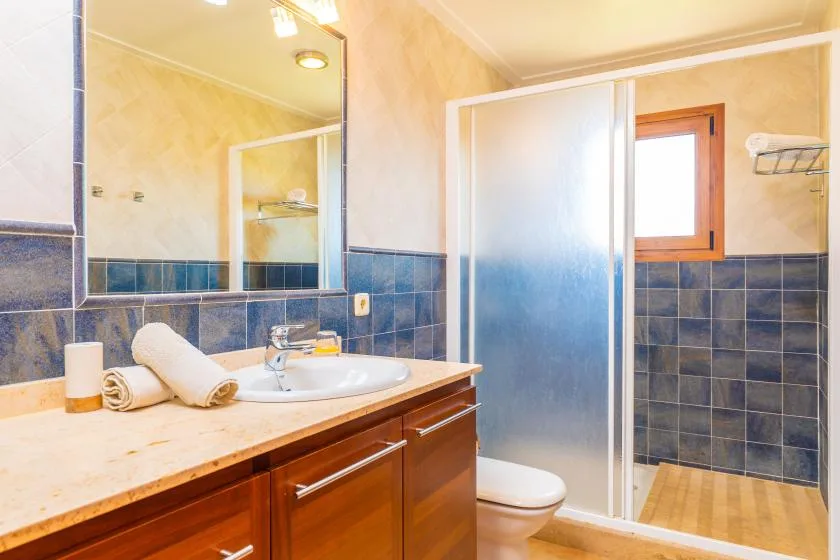 A bathroom with a vanity, mirror, toilet, and shower.