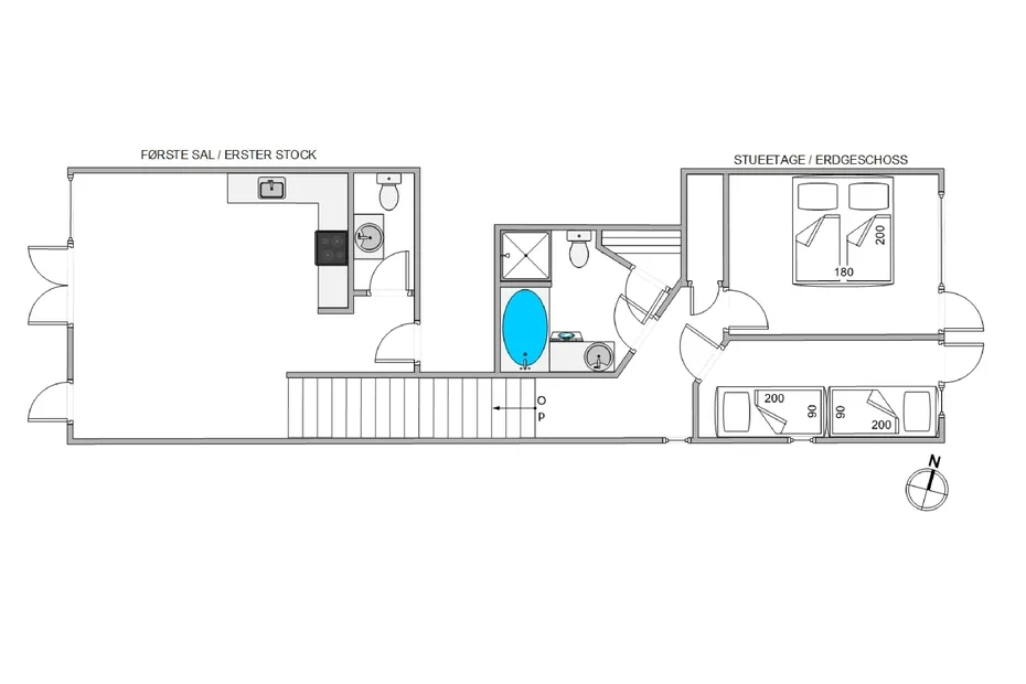 Un plano muestra habitaciones conectadas, baños y distribución del mobiliario.