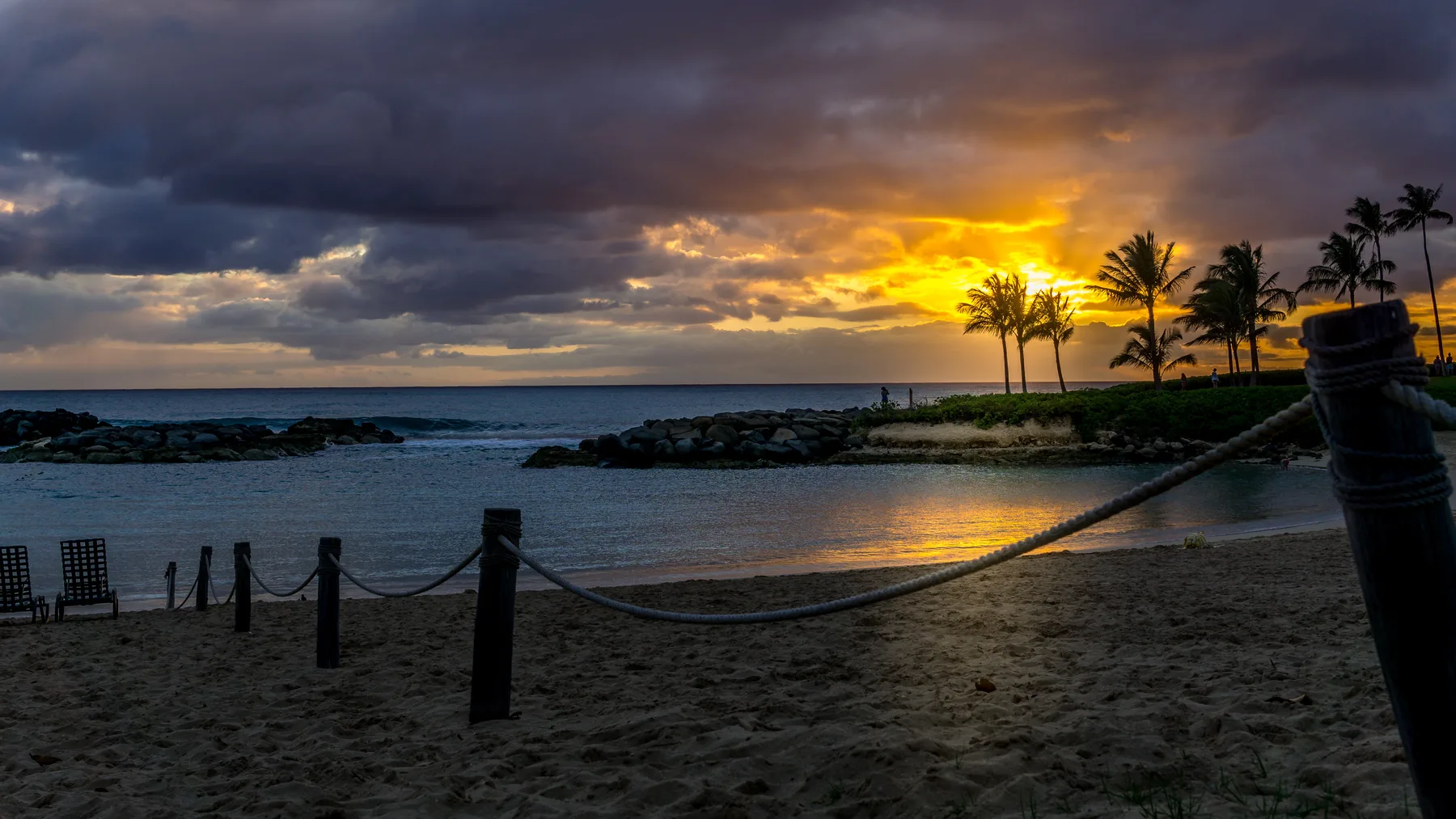 Una playa al atardecer, con palmeras junto a la orilla.