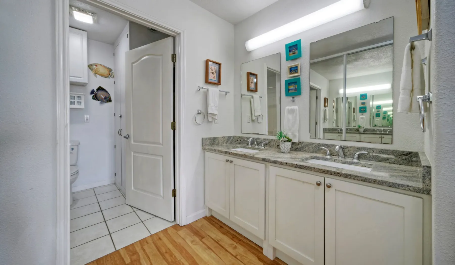 Un lavabo de baño luminoso con una encimera larga y un espejo grande.
