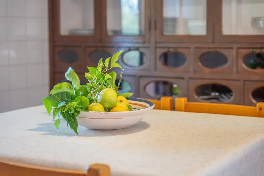 A kitchen counter with a bowl of lemons and leafy greens.
