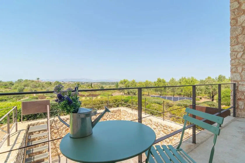 A balcony seating area overlooks a green landscape, with a watering can on the table.