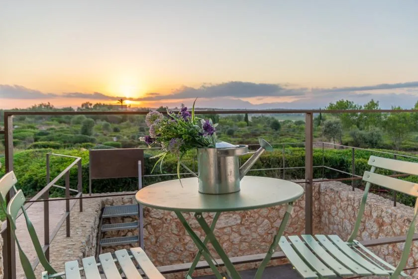 A terrace seating area overlooks green hills at sunset, with flowers on the table.