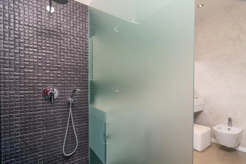A bathroom with a wall-mounted shower and frosted glass partition.