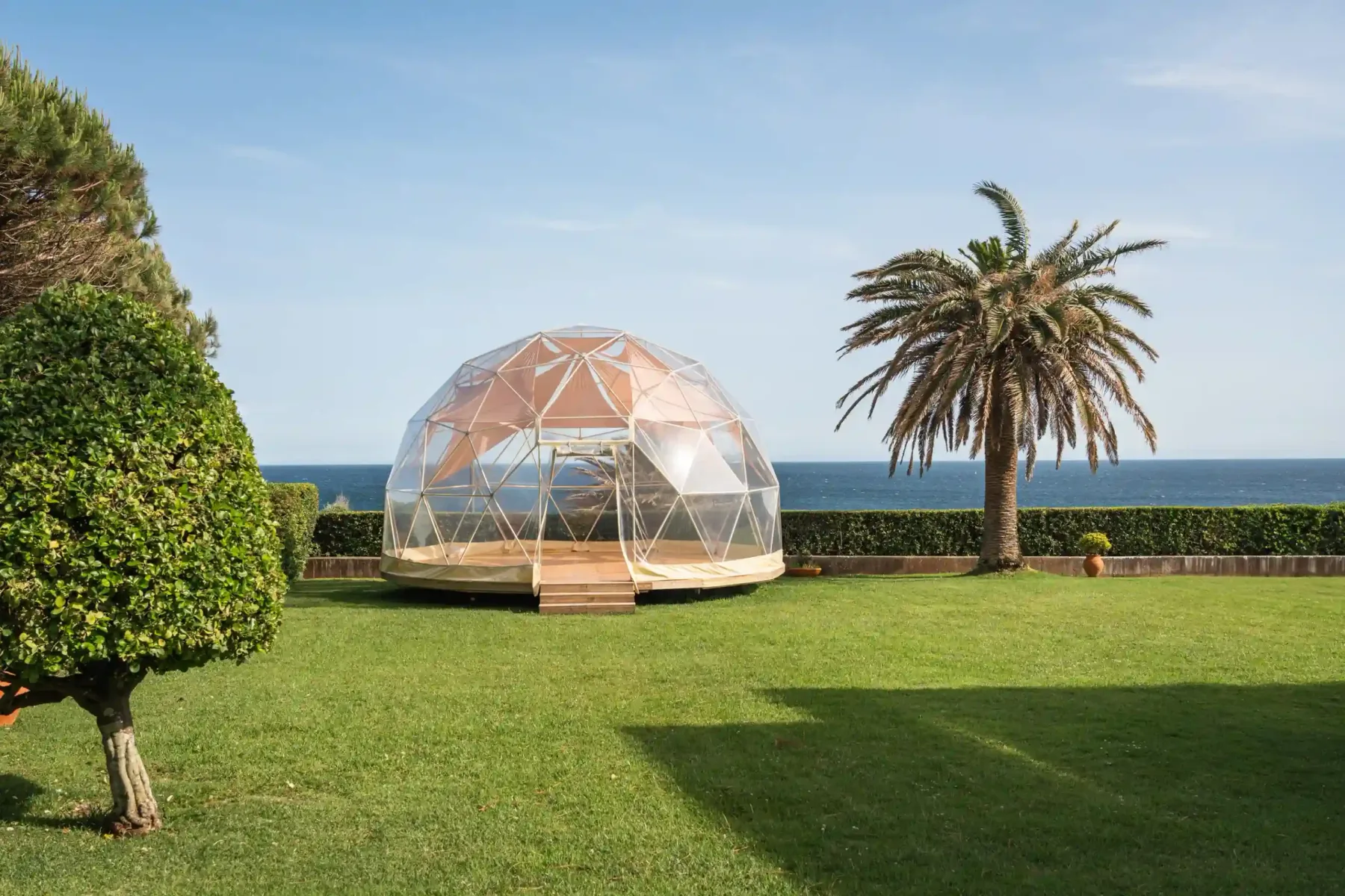 Geodesic dome and palm tree on lawn with ocean in background.