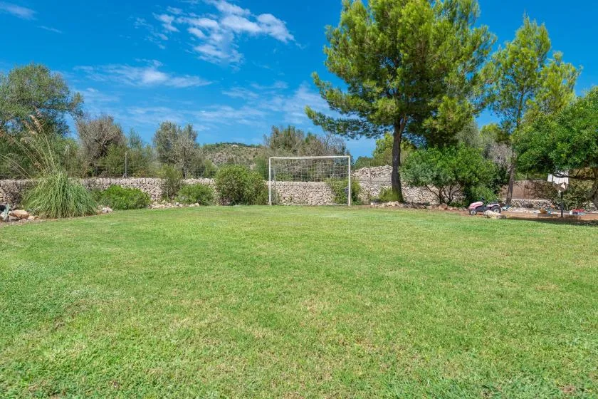 A grassy outdoor field with a goal and trees along the edge.