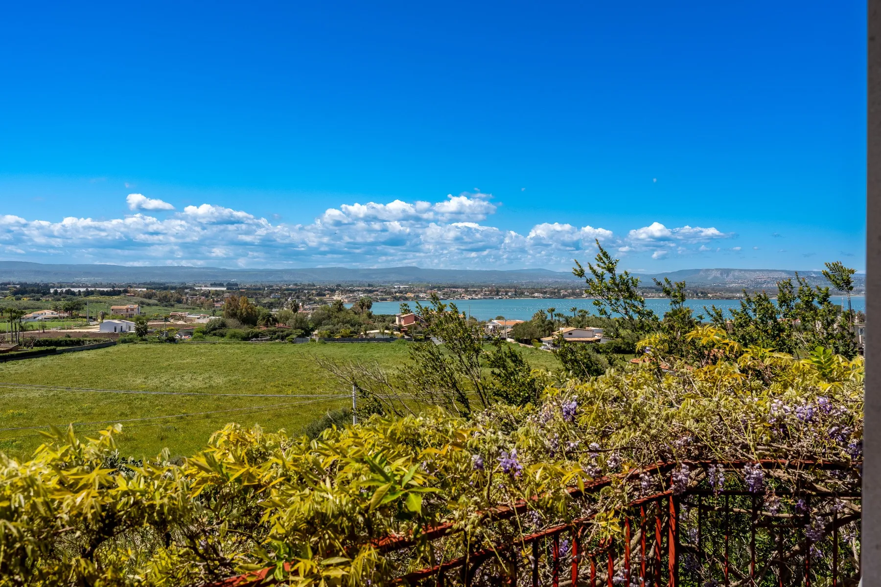 A broad landscape view shows green fields, flowering shrubs, and distant water beneath a blue sky.