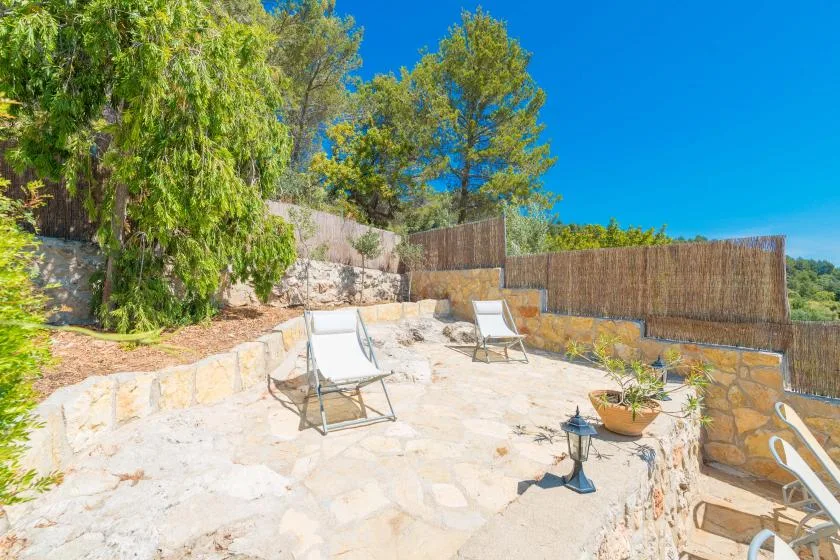 A stone-paved outdoor patio with lounge seating and surrounding trees.