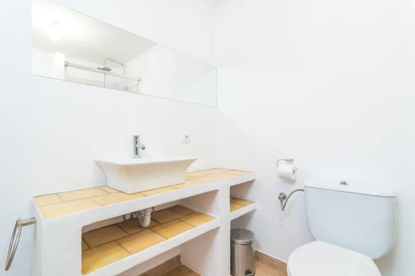 A bright bathroom with a vessel sink, open shelving, and a toilet.