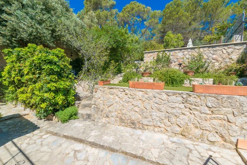 A landscaped stone terrace with raised garden beds and surrounding trees.