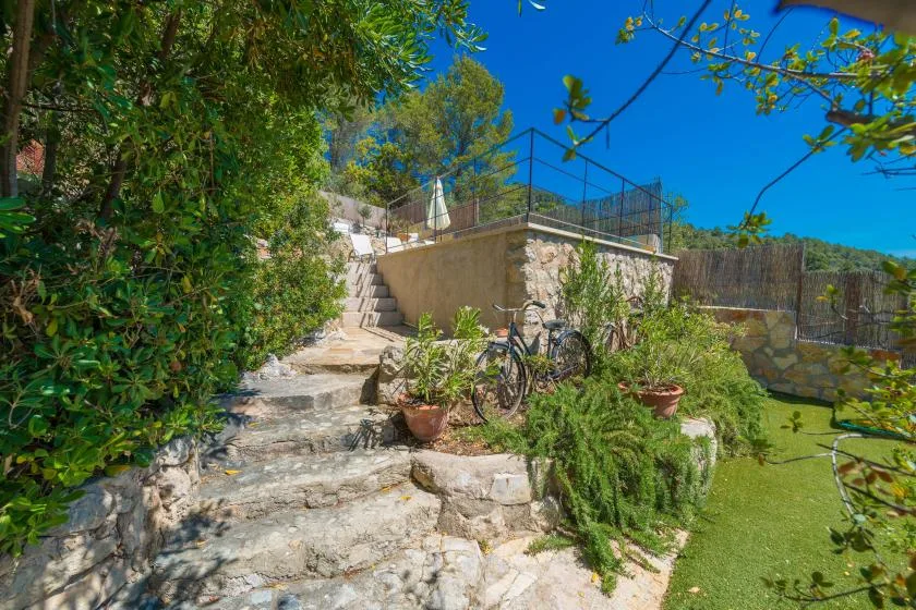 A garden path climbs stone steps beside planted greenery and a raised terrace.