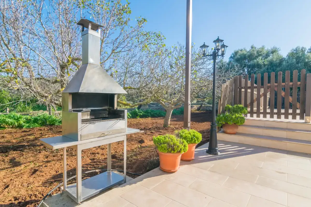 An outdoor patio features a metal barbecue beside potted plants and a wooden gate.