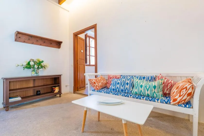A bright sitting room with a long daybed and a low coffee table.
