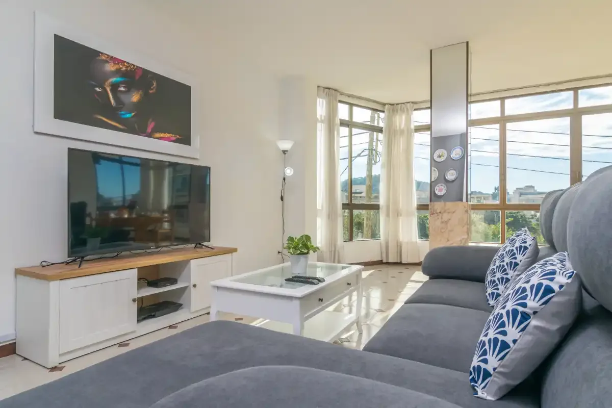 A bright living room with gray seating, a television, and large windows.