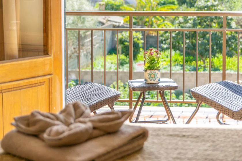 A balcony seating area with a small table and potted flowers overlooks greenery.