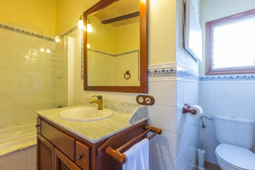 A bathroom with a sink and mirror beside a toilet.