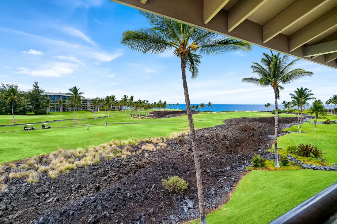 Un paisaje tropical con palmeras, césped verde, roca oscura y vistas al océano.