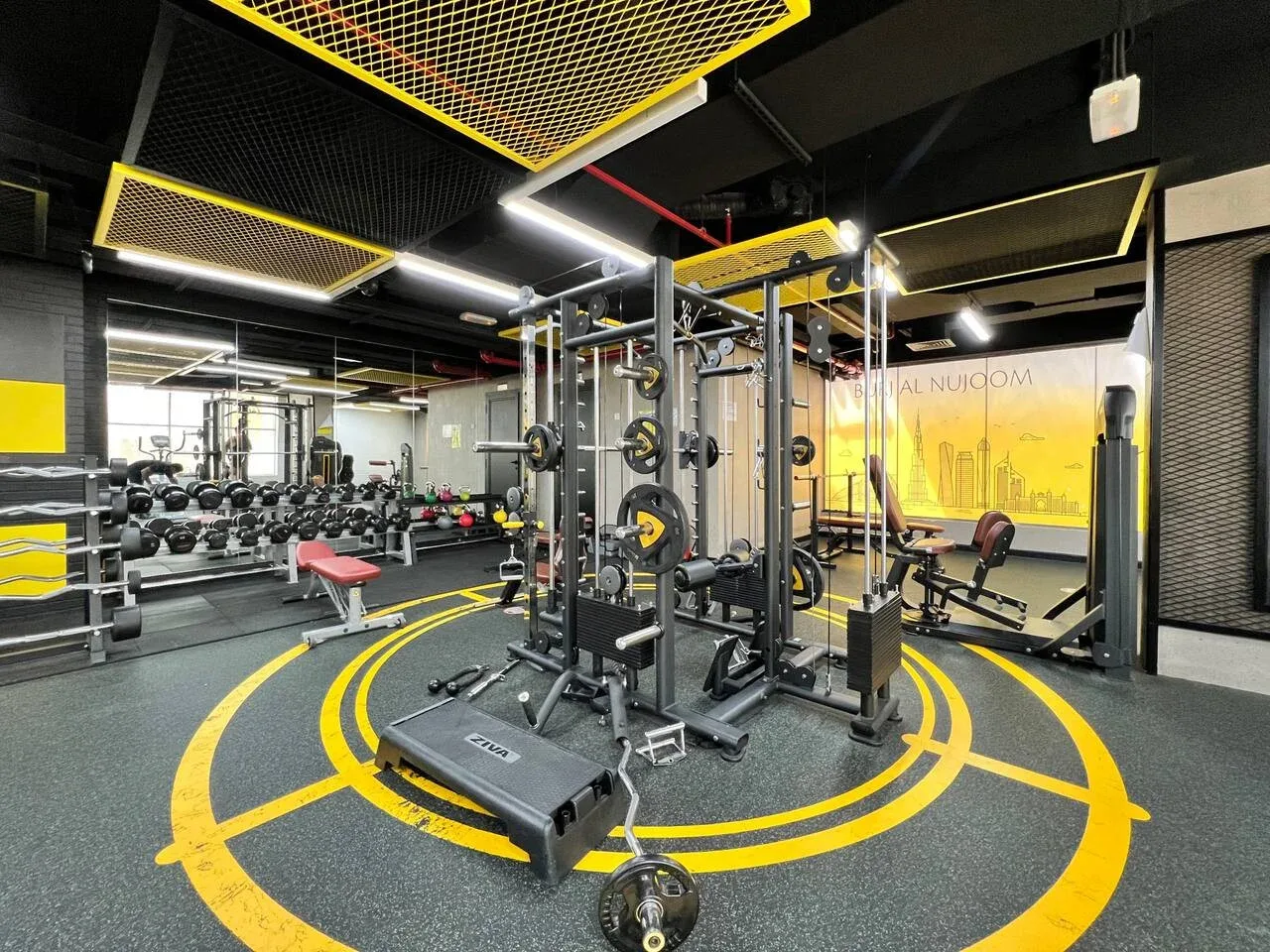 Una zona de gimnasio cuenta con equipos de pesas dentro de círculos amarillos.