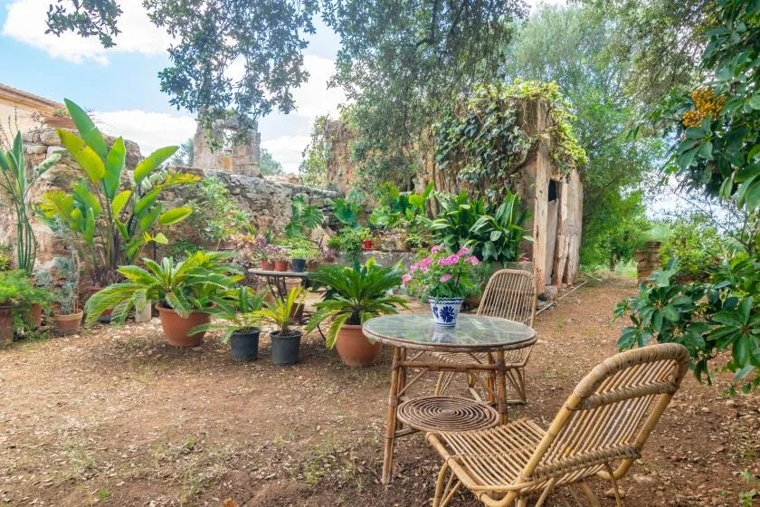 A garden patio with outdoor seating and potted plants.