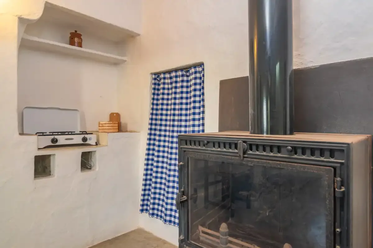 A compact kitchen area with a stovetop and a wood-burning stove.