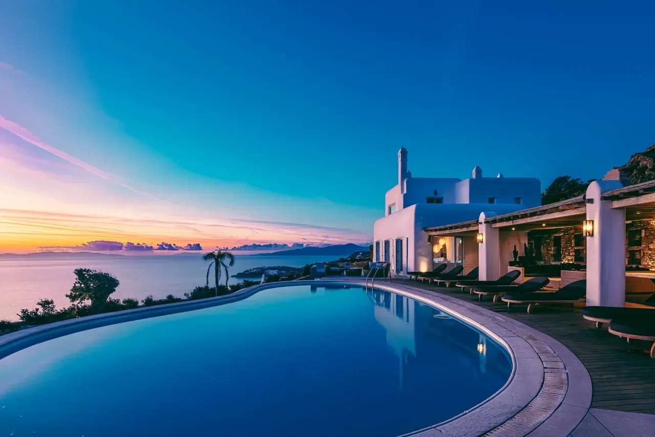 An infinity pool curves beside a modern building overlooking the water at sunset.