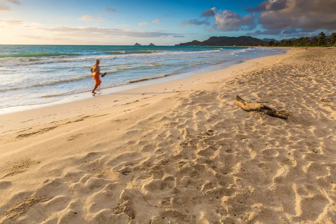 A sandy beach stretches beside the ocean, with a person walking near the water.
