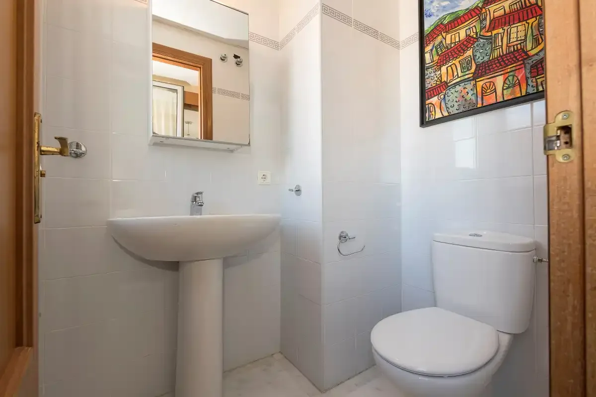 Un baño con lavabo de pedestal, espejo de pared e inodoro.