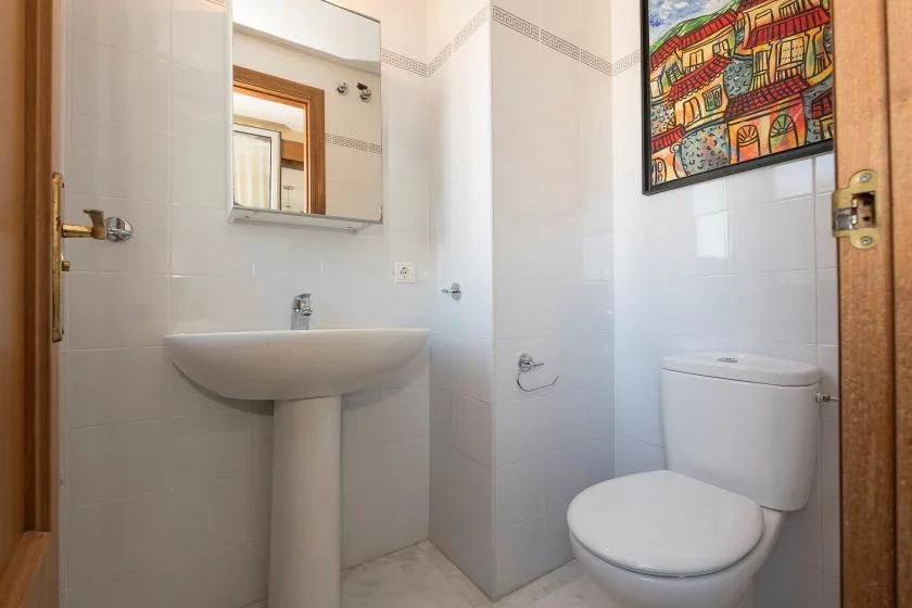 Un baño alicatado con lavabo de pedestal, espejo e inodoro.