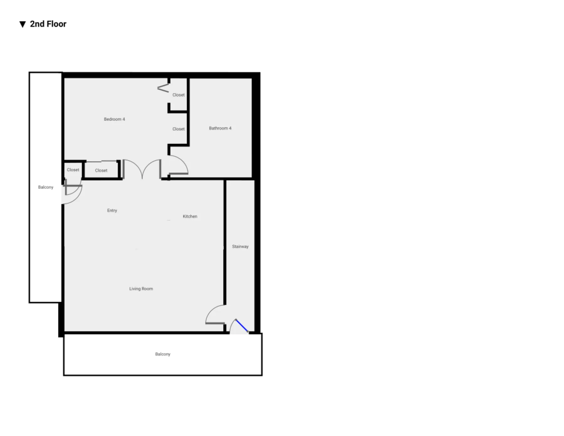 Un plano etiquetado de un apartamento en el segundo piso muestra dormitorios, cocina y sala de estar.