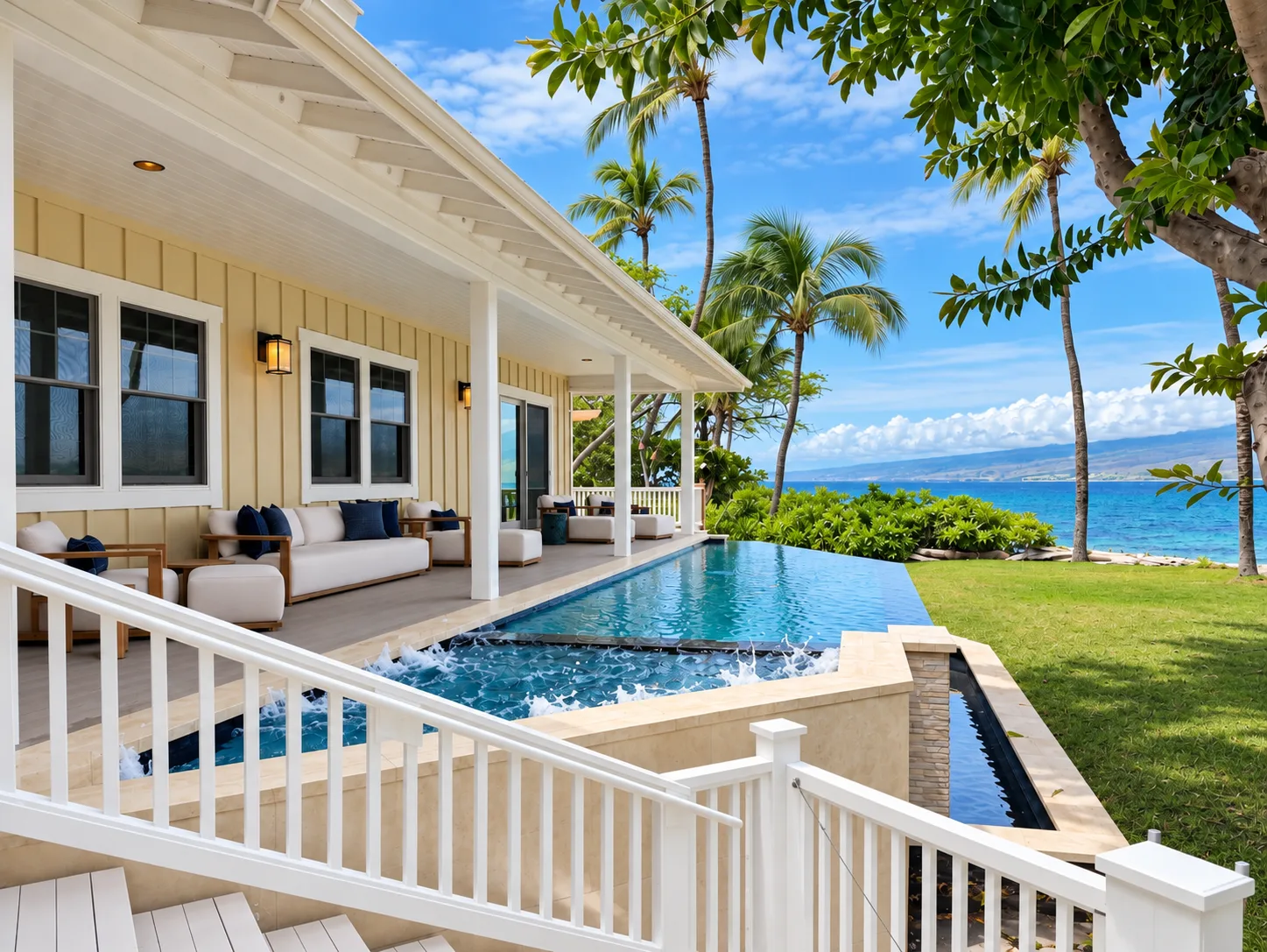 Un patio de una casa costera con piscina y vistas al océano.
