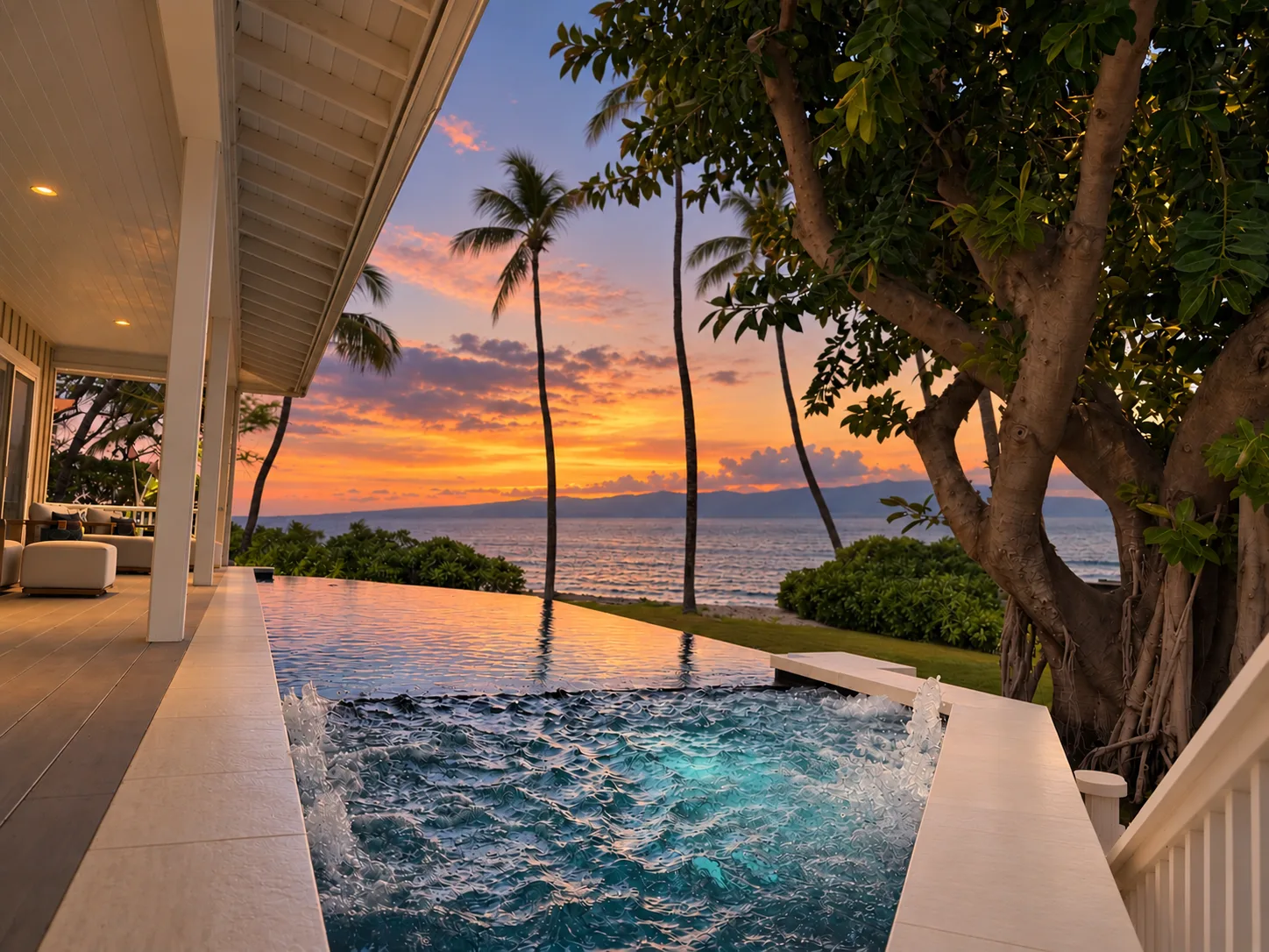 Una piscina infinita da al océano bajo un atardecer colorido.
