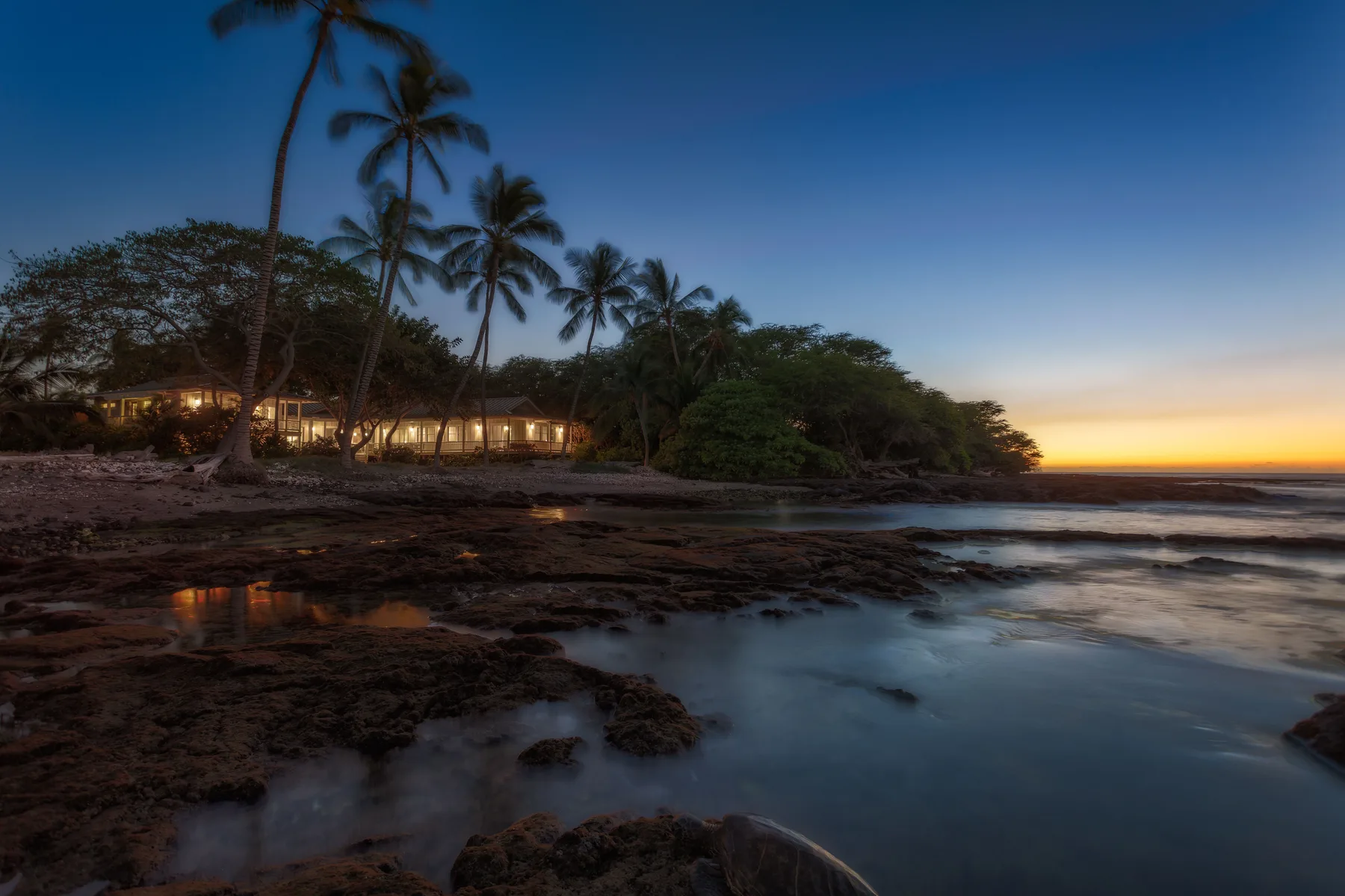Una costa tropical al anochecer, con palmeras y edificios iluminados junto al mar.