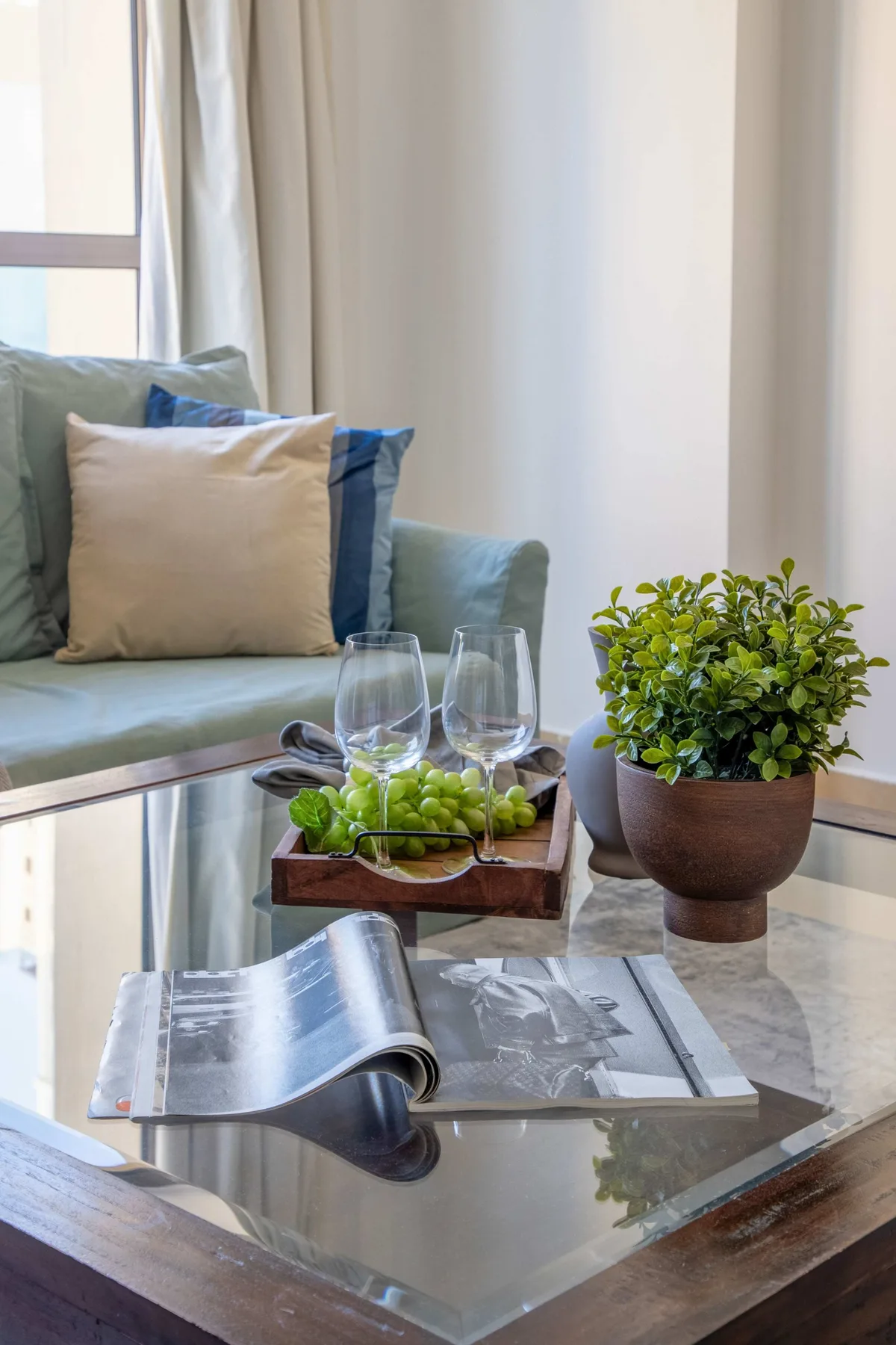 Una luminosa sala de estar con una mesa de centro de vidrio y una planta en maceta.