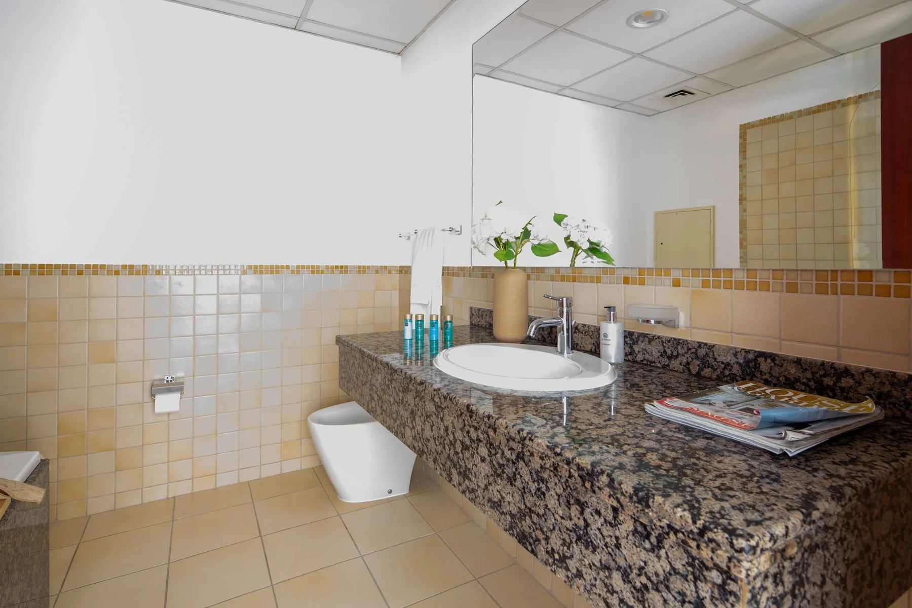 Un baño con azulejos, lavabo, encimera e inodoro.