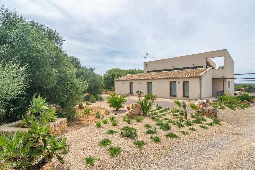 A low modern building stands beside a gravel garden with scattered plants.
